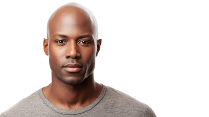 Confident bald black man posing on transparent background