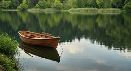 Obraz premium Wooden Boat on Serene Water Reflecting Tranquil Nature and Greenery in a Scenic River Landscape