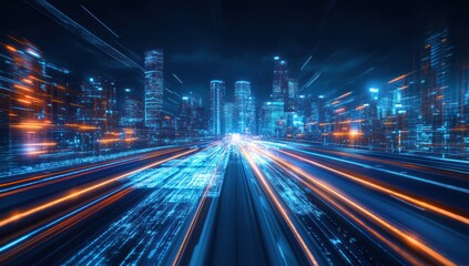 Fototapeta premium Futuristic cityscape at night with glowing digital highway.