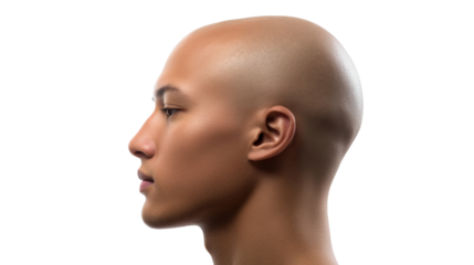 Profile of bald young man looking left on transparent background
