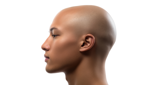 Profile of bald young man looking left on transparent background