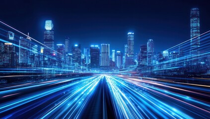 Fototapeta premium Futuristic cityscape at night with glowing light trails on highway.