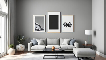 Fototapeta premium modern and stylish living room with a comfortable sofa, coffee table and elegant artworks 