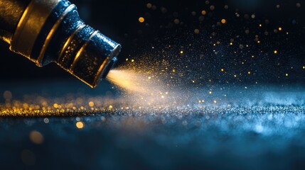 Golden Sparkles Exploding from Nozzle: Abstract Blue and Gold Backdrop