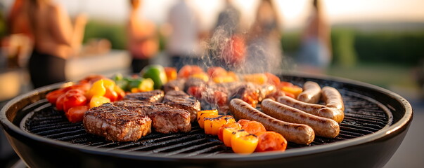 Meat steaks, sausages, shashlik and grilled vegetables are fried on an open fire on a barbecue in the yard. Pinnik in the spring, outdoor recreation with friends. Barbecue area.