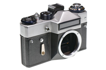 Vintage 35mm film camera without a lens isolated on white