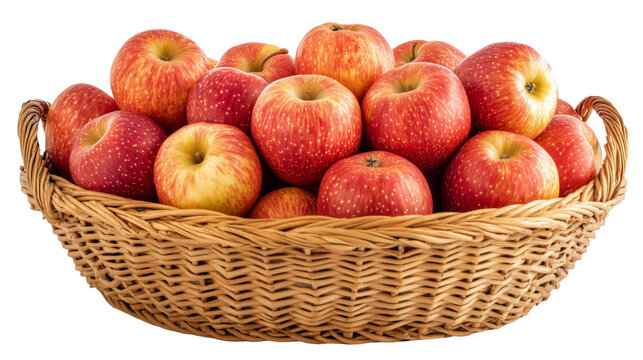 Wicker basket overflowing with freshly picked red apples on transparent background