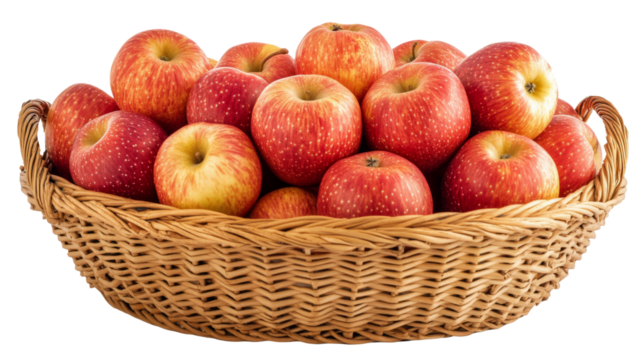 Wicker basket overflowing with freshly picked red apples on transparent background