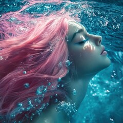 Underwater woman with pink hair, serene pose, bubbles, vibrant blue water