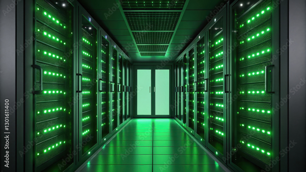 Poster server rack with glowing green lights data center, showcasing advanced technology and modern infrast