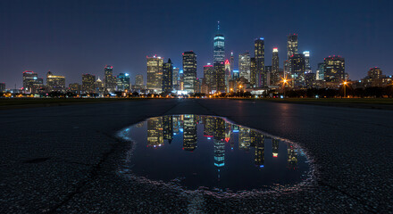 Naklejka premium Philadelphia Night Skyline with Reflections in Urban Puddle