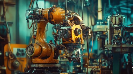 Industrial Robot Arm in Mechanic Workshop with Tools and Equipment