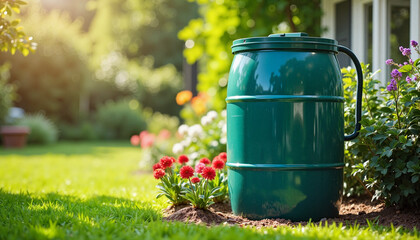 Green compost bin in a vibrant garden setting surrounded by blooming flowers
