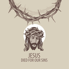 Easter banner or greeting card with portrait of crying Jesus Christ wearing crown of thorns and Halo on his head. Vector illustration on religious theme with Son of God