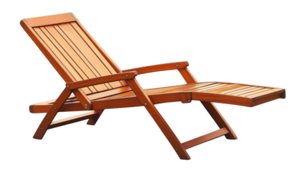 Wooden deck chair reclining on transparent background