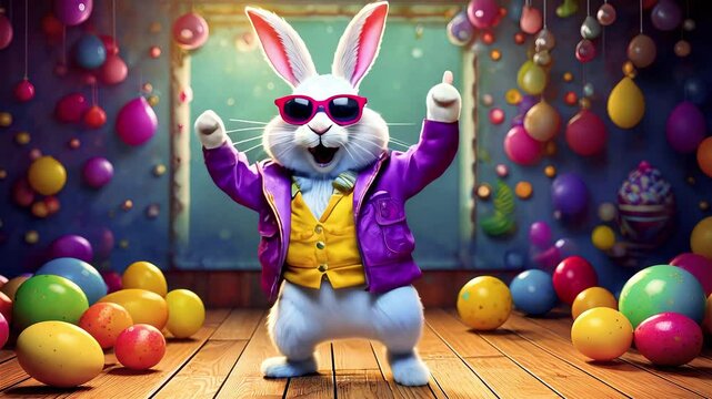 Cute Easter bunny dancing and singing in a room with many colored eggs. Happy Easter greetings, children's party. Easter egg hunt.Easter concept.