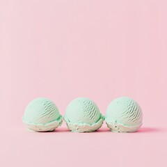 scoops of ice cream, pink background, green and blue color scheme, minimalist style