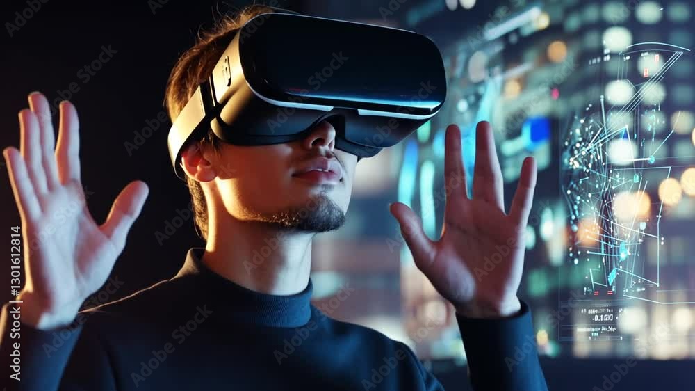 Poster immersive experience: man interacting with futuristic virtual reality interface technology