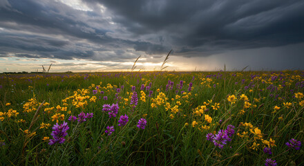 Vibrant Wildflower Prairie with Purple and Yellow Blooms Under Dramatic Storm Clouds at Sunset