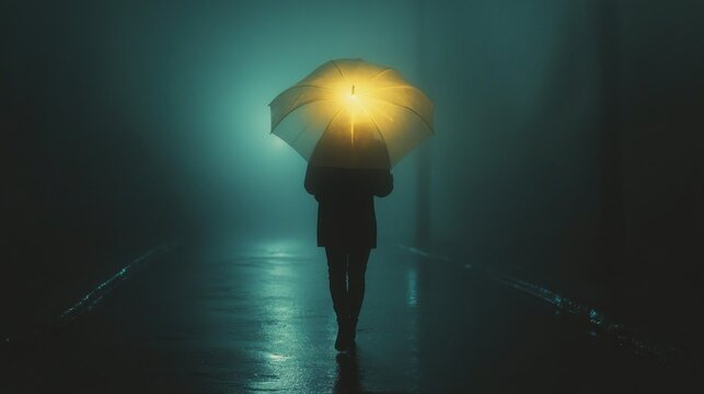 Foggy Night Walk with Illuminated Umbrella