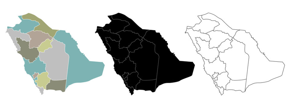Saudi Arabia Map Vector - Silhouette, Outline and Colorful Regional Division - Editable EPS Illustration, Isolated on White Background for Travel, Tourism, and Design