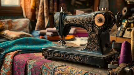 Vintage sewing machine in a cluttered artisan workshop