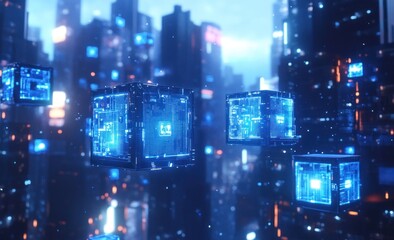 Futuristic cityscape with glowing data cubes.