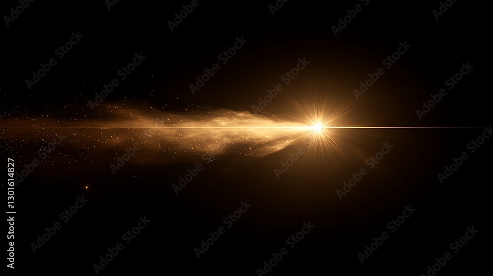 Poster bright light beam shooting through dark space with golden particles in motion