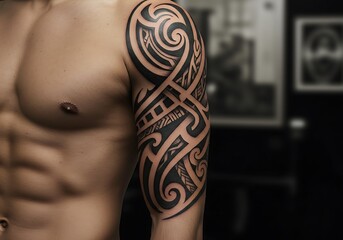 Tribal Tattoo: Bold Black Ink Design on Muscular Arm