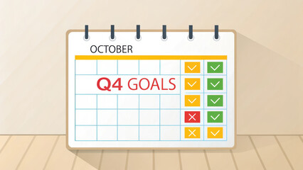 October wall calendar displaying Q4 goals with deadlines marked in red, green, and yellow. visual representation of task management and organization