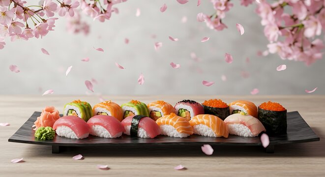 Sushi Plate with Nigiri and Maki Rolls Under Cherry Blossom Branches