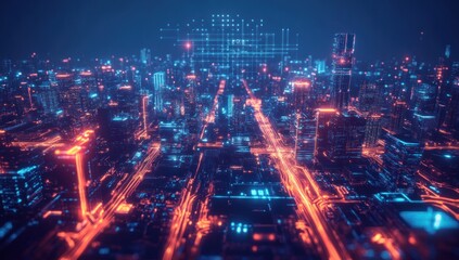 Fototapeta premium Futuristic cityscape with glowing digital network.