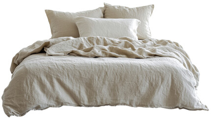 Fototapeta premium Unmade bed with beige linen sheets and pillows on transparent background