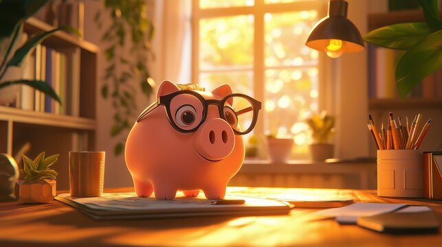 A charming savings concept with a piggy bank, spectacles, and office stationery, set in a cozy home workspace