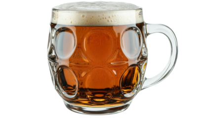 Large glass beer mug full of refreshing amber ale on transparent background