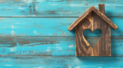 Rustic wooden house with heart cutout on teal painted planks