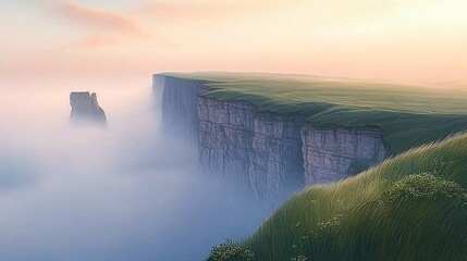 A soft watercolor depiction of cliffs and a misty coastline ideal for St. Patrick's Day promotions or nature-themed projects, evoking tranquility and connection with nature.