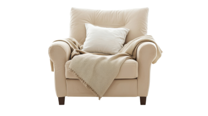 Comfortable beige armchair with pillow and blanket on transparent background