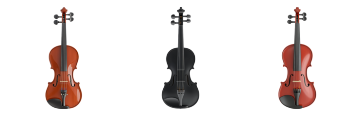 Three Distinct Violin Designs in Various Colors Isolated on transparent background