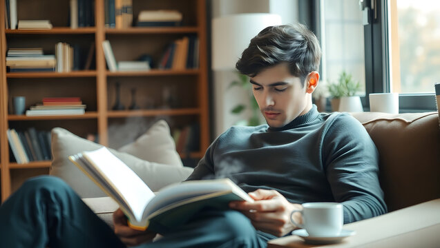 A man engrossed in reading a book, sitting comfortably on a couch in a cozy living room 