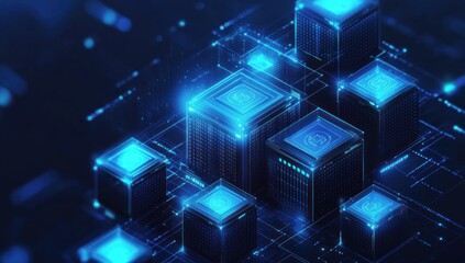 Obraz premium Futuristic digital city, glowing data blocks connected by network.