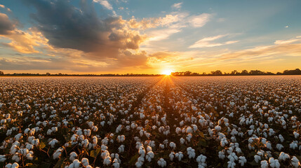 Expansive cotton fields at sunset, ready for harvest under a glowing sky
