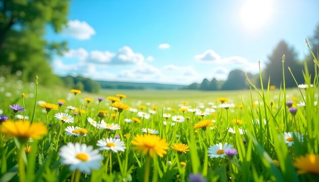 Una pradera vibrante, ba&ntilde;ada por el sol y llena de flores silvestres bajo un cielo azul brillante