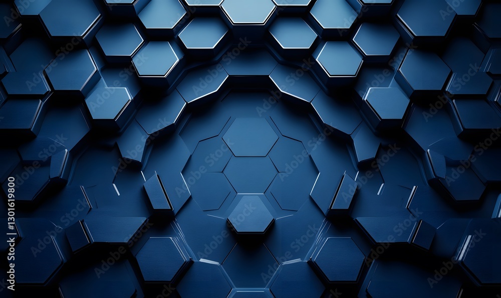 Poster abstract blue hexagonal pattern with metallic edges deep technological design