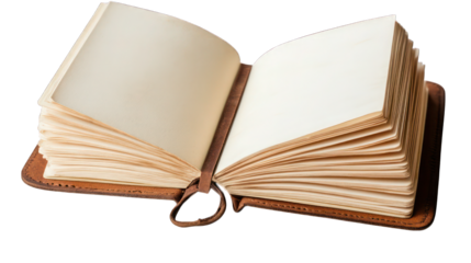 An open journal with blank, cream-colored pages and a simple tan cover, ideal for writing or sketching, isolated on white --ar 16:9