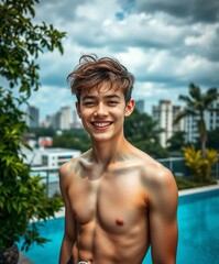 Relaxed young man with a charming smile outdoors. Generative AI