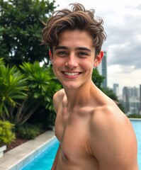 Relaxed young man with a charming smile outdoors. Generative AI