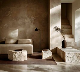 Modern Minimalist Living Room with Earthy Tones and Natural Textures