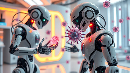 Robots actively neutralizing viruses in a futuristic laboratory setting during a scientific demonstration.