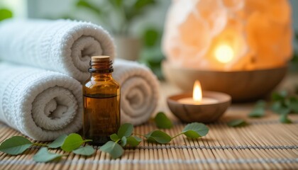 Homeopathic Medicine Bottle on Bamboo Mat with Spa Elements and Candle with copy space